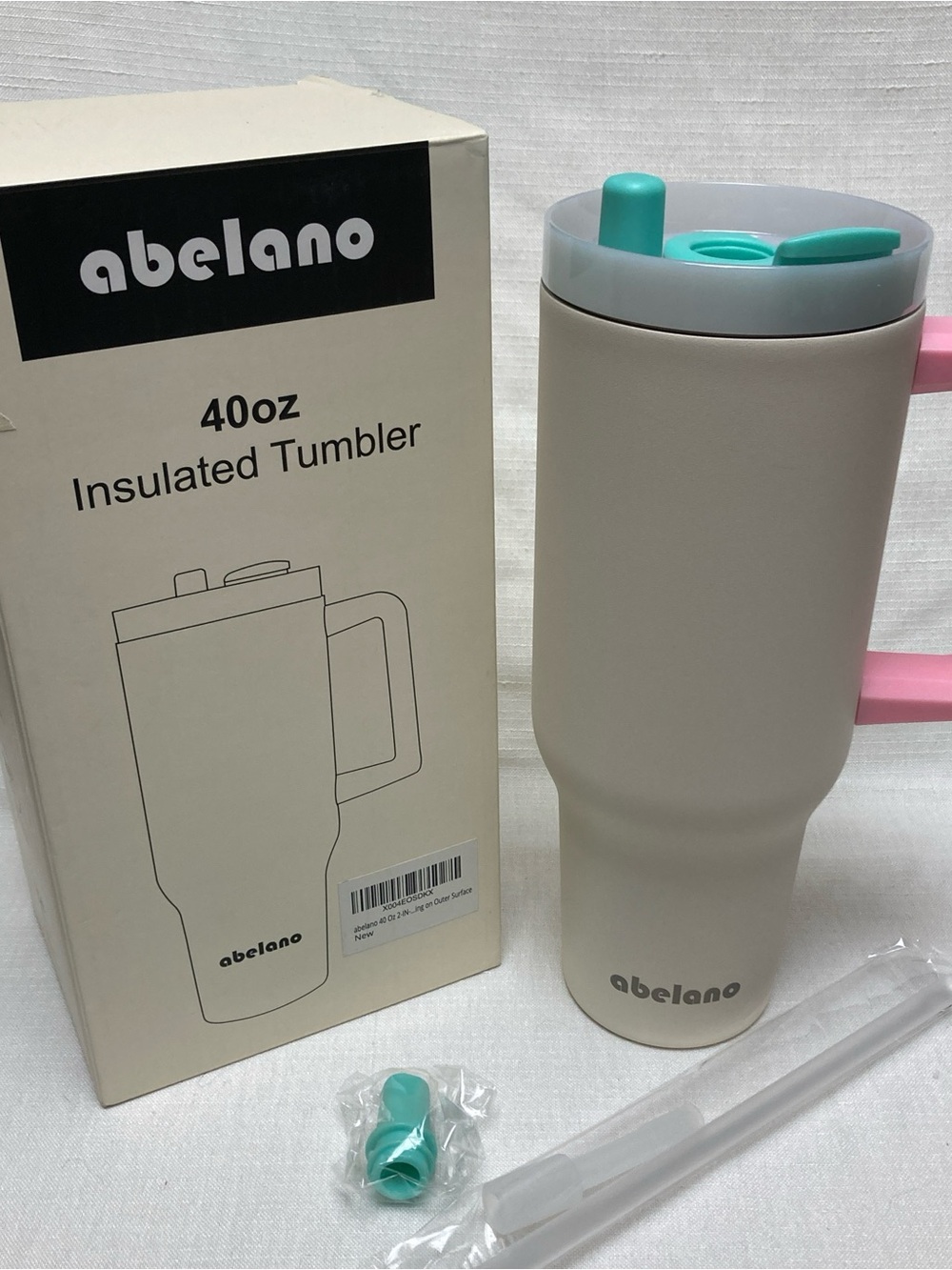 Abelano 40oz Insulated Tumbler - Gray Body with Pink Handle and Teal Accents